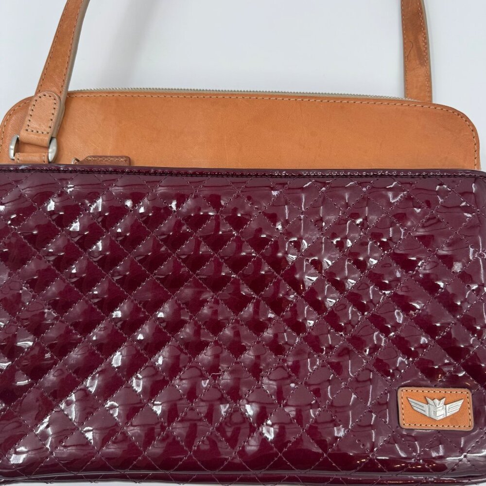 Consuela Wine Candy Crush Slim Quilted Patent Leather Shoulder Bag With Tan Acce - Picture 2 of 16